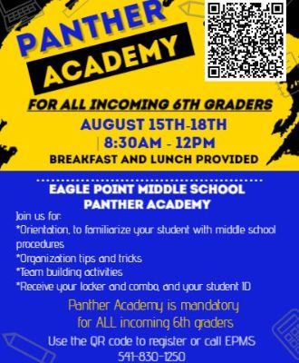 FOR ALL INCOMING 6TH GRADERS AUGUST 15TH-18TH 8:30AM - 12PM BREAKFAST AND LUNCH PROVIDED